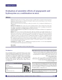 Evaluation of Anxiolytic Effects of Aripiprazole and Hydroxyzine As a Combination in Mice