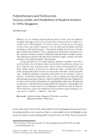 Polytechnicians and Technocrats: Sources, Limits, and Possibilities of Student Activism in 1970S Singapore