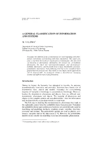 A General Classification of Information and Systems M
