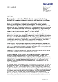 Sulzer Partners with Swiss AVA Biochem to Expand Its Technology Portfolio for Renewable, Bio-Based and Recyclable Materials Production