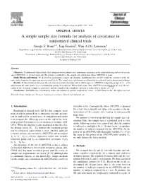 A Simple Sample Size Formula for Analysis of Covariance in Randomized Clinical Trials George F
