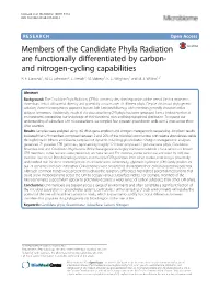 Members of the Candidate Phyla Radiation Are Functionally Differentiated by Carbon- and Nitrogen-Cycling Capabilities R