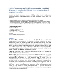 Health, Psychosocial, and Social Issues Emanating from COVID- 19 Pandemic Based on Social Media Comments Using Natural Language Processing