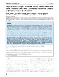 Phylogenetic Analysis of Seven WRKY Genes Across the Palm Subtribe Attaleinae (Arecaceae) Identifies Syagrus As Sister Group of the Coconut