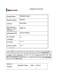 1 Assignment Title Page Student Name Elizabeth Cooper Student Number W14167 Lecturer Heva Chan Unit Code and MUBP 111 Assignment