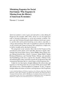 Mistaking Eugenics for Social Darwinism: Why Eugenics Is Missing from the History of American Economics Thomas C