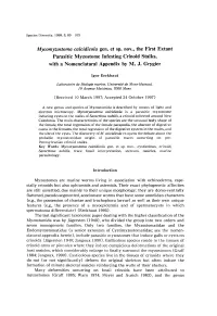 Mycomyzostoma Calcidicola Gen. Et Sp. Nov., the First Extant Parasitic Myzostome Infesting Crinoid Stalks, with a Nomenclatural Appendix by M