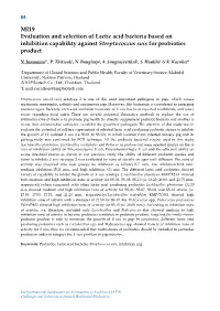 MI19 Evaluation and Selection of Lactic Acid Bacteria Based on Inhibition Capability Against Streptococcus Suis for Probiotics Product