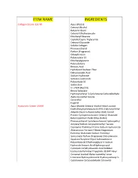 Item Name Ingredients