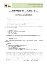 Old Burmese Ry- – a Remark on Proto-Lolo-Burmese Resonant Initials1