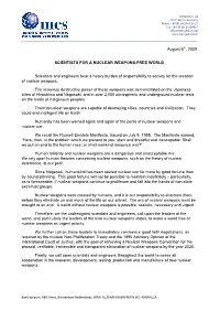 August 6Th, 2009 SCIENTISTS for a NUCLEAR WEAPONS-FREE WORLD Scientists and Engineers Bear a Heavy Burden of Responsibility to S