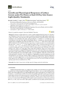 Growth and Physiological Responses of Lettuce Grown Under Pre-Dawn Or End-Of-Day Sole-Source Light-Quality Treatments