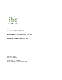Ibc Advanced Alloys Corp. Management's Discussion