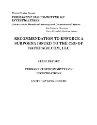 Recommendation to Enforce a Subpoena Issued to the Ceo of Backpage.Com, Llc