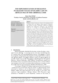 The Implementation of Religious Pluralism Values of Islamic Law on Article 156A of the Criminal Code
