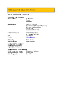 HELEN DUNBAR-KRIGE Date of Curriculum Vitae