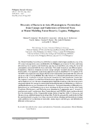 Diversity of Bacteria in Ants (Hymenoptera: Formicidae) from Canopy and Understory of Selected Trees at Mount Makiling Forest Reserve, Laguna, Philippines