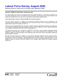 Labour Force Survey, August 2020 Released at 8:30 A.M