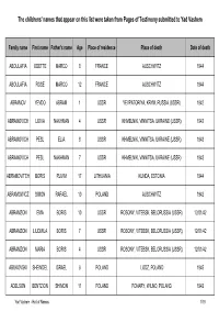 The Childrens' Names That Appear on This List Were Taken from Pages of Testimony Submitted to Yad Vashem