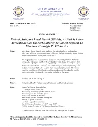 Federal, State, and Local Elected Officials, As Well As Labor Advocates, to Call on Port Authority to Cancel Proposal to Eliminate Overnight PATH Service