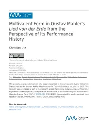 Multivalent Form in Gustav Mahlerʼs Lied Von Der Erde from the Perspective of Its Performance History