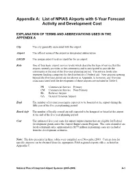 Appendix A: List of NPIAS Airports with 5-Year Forecast Activity and Development Cost