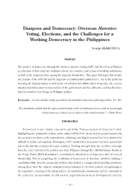 Overseas Absentee Voting, Elections, and the Challenges for a Working Democracy in the Philippines