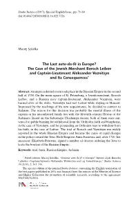 The Last Auto-Da-Fé in Europe? the Case of the Jewish Merchant Boroch Leibov and Captain-Lieutenant Aleksander Voznitsyn and Its Consequences*