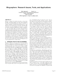 Blogosphere: Research Issues, Tools, and Applications