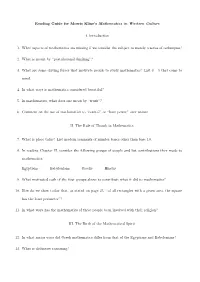 Reading Guide for Morris Kline's Mathematics in Western Culture I