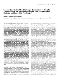 Laminar Selectivity of the Cholinergic Suppression of Synaptic Transmission in Rat Hippocampal Region CA 1: Computational Modeling and Brain Slice Physiology