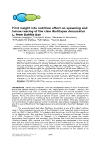 First Insight Into Nutrition Effect on Spawning and Larvae Rearing of the Clam Ruditapes Decussatus L