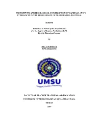 Transitivity and Ideological Construction of Sandiaga Uno’S Utterances in the Third Debate of Presidential Election