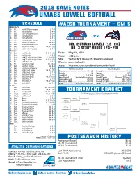 2018 Game Notes UMASS LOWELL Softball SCHEDULE #AESB Tournament - GM 5 FEBRUARY 16 Fri