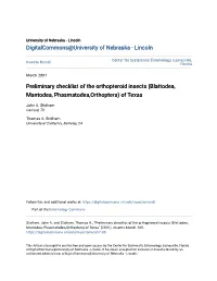 Preliminary Checklist of the Orthopteroid Insects (Blattodea, Mantodea, Phasmatodea,Orthoptera) of Texas