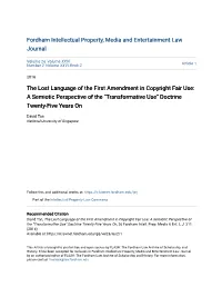The Lost Language of the First Amendment in Copyright Fair Use: a Semiotic Perspective of the “Transformative Use” Doctrine Twenty-Five Years On