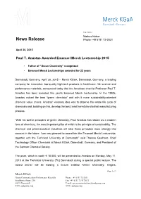 Paul T. Anastas Awarded Emanuel Merck Lectureship 2015