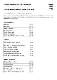 Thomas Adams School & Sixth Form Transport Routes and Times 2020/2021