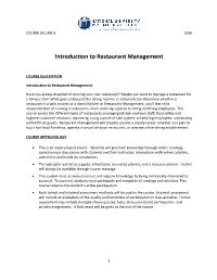 Introduction to Restaurant Management