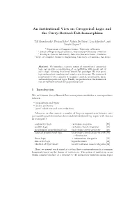 An Institutional View on Categorical Logic and the Curry-Howard-Tait-Isomorphism