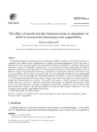 The Effect of Pseudo-Psychic Demonstrations As Dependent on Belief in Paranormal Phenomena and Suggestibility