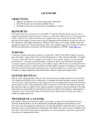 Licensure Objectives: Resources: Purpose: License Renewal: Transfer of a License