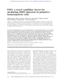 E4F1: a Novel Candidate Factor for Mediating BMI1 Function in Primitive Hematopoietic Cells