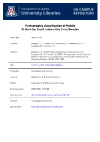 Petrographic Classification of Middle Ordovician Fossil Meteorites from Sweden