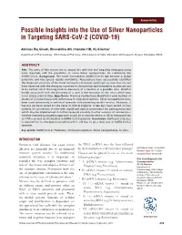 Possible Insights Into the Use of Silver Nanoparticles in Targeting SARS-Cov-2 (COVID-19)