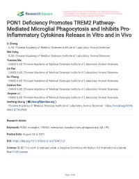 PON1 De Ciency Promotes TREM2 Pathway