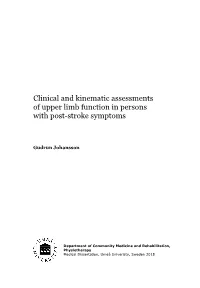 Clinical and Kinematic Assessments of Upper Limb Function in Persons with Post-Stroke Symptoms