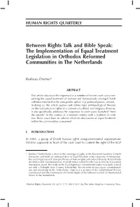 Between Rights Talk and Bible Speak: the Implementation of Equal Treatment Legislation in Orthodox Reformed Communities in the Netherlands