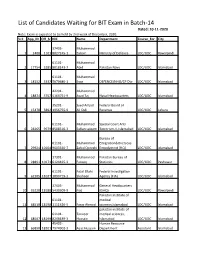 List of Candidates Waiting for BIT Exam in Batch-14 Dated: 10-11-2020 Note: Exam Is Expected to Be Held by 2Nd Week of December, 2020