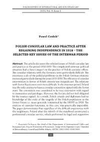 Polish Consular Law and Practice After Regaining Independence in 1918 – the Selected Key Issues of the Interwar Period